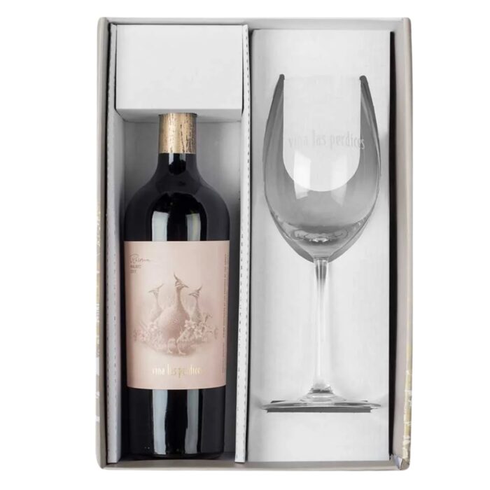 Frente Estuche Vino Malbec Perdices Reserva + Copa de regalo