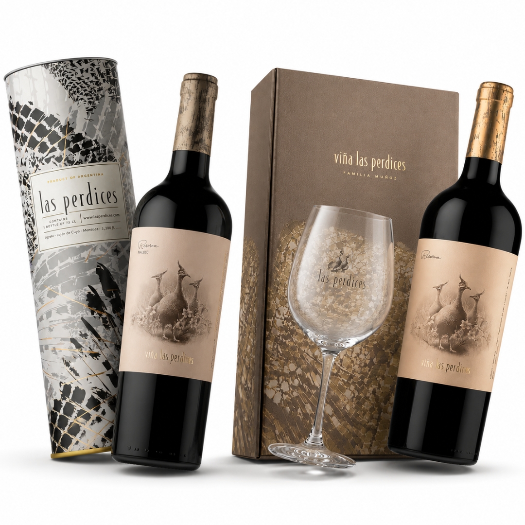 Combo Regalo Las Perdices Reserva Malbec x2 Copa + Lata