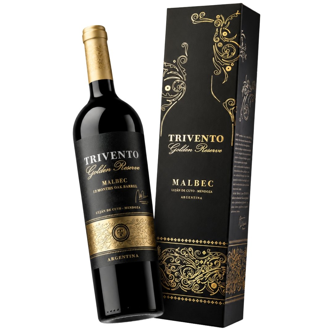 Estuche Trivento Golden Reserve Malbec 750ml, presentación premium de vino Malbec argentino de Bodega Trivento