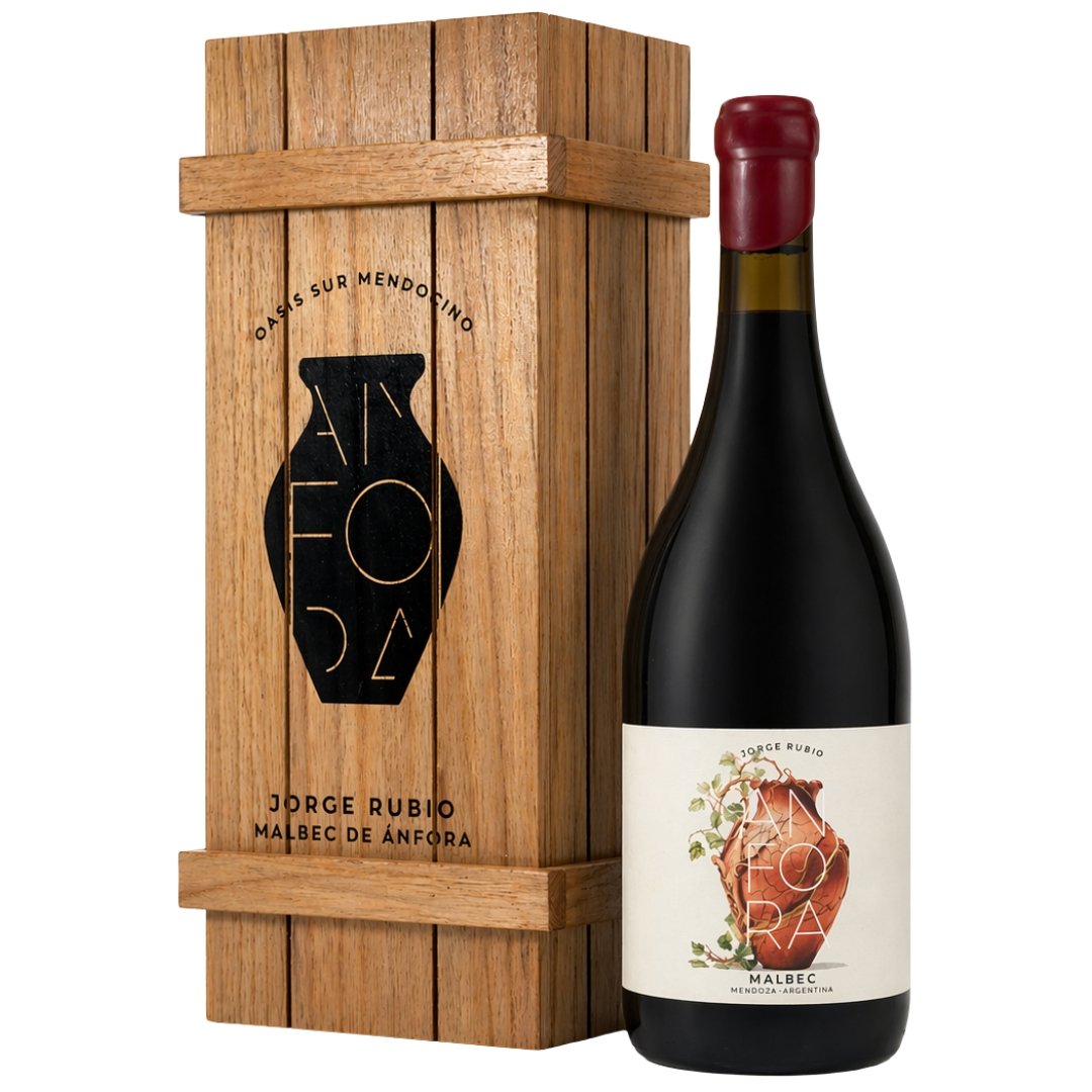 anfora malbec jorge rubio botella vino estuche madera