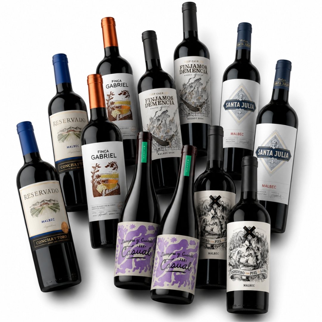 Mega Mix Vinos 12 Botellas Ahorro, caja surtida con 12 botellas de vino argentino ideal para comprar por cantidad.