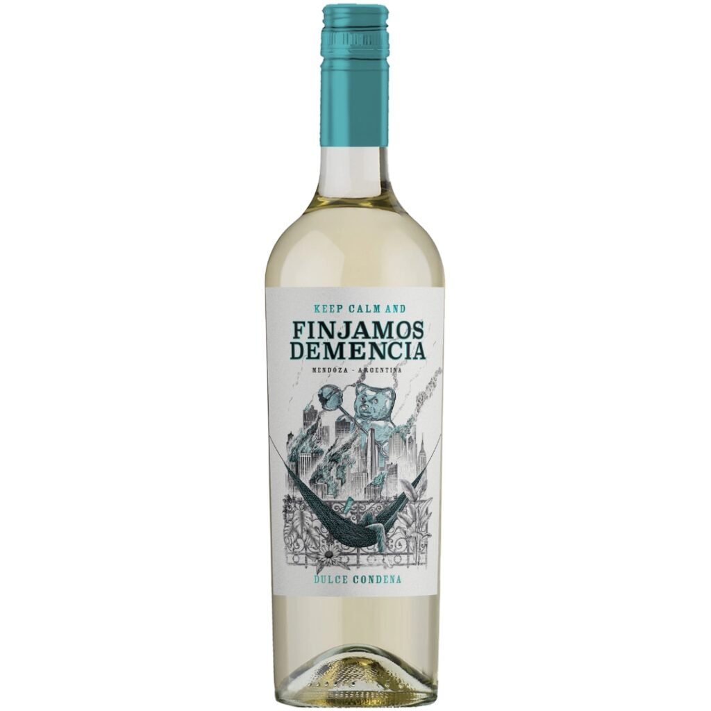 Vino Finjamos Demencia Blanco Dulce 750ml, vino blanco dulce argentino en botella de 750ml.