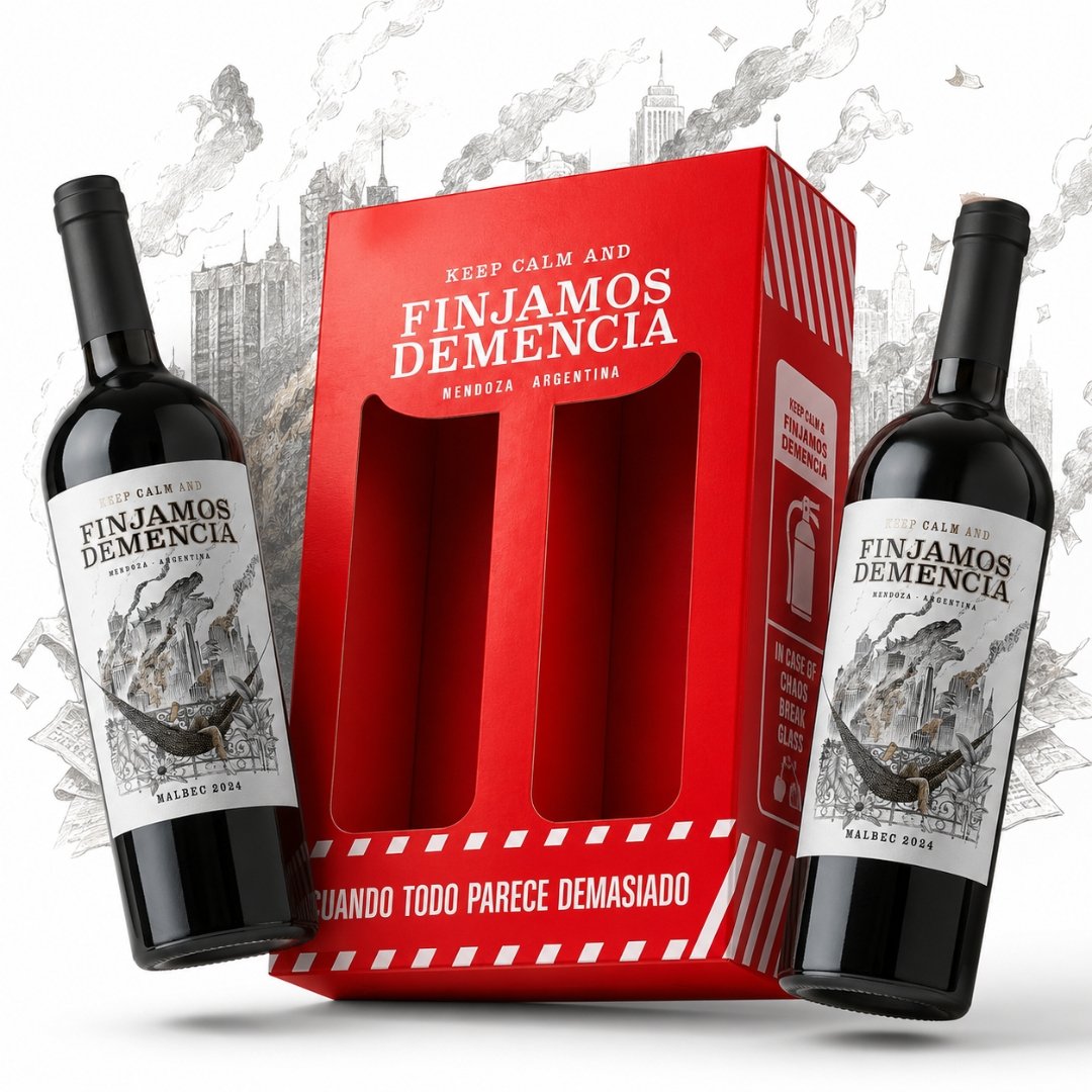 Vino Finjamos Demencia Malbec 750ml x2 en estuche regalo, presentación con 2 botellas de vino tinto argentino Malbec.