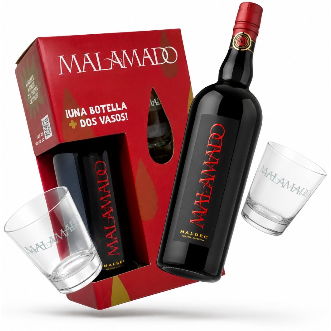 Estuche Vino Malamado Malbec Fortificado + 2 Vasos
