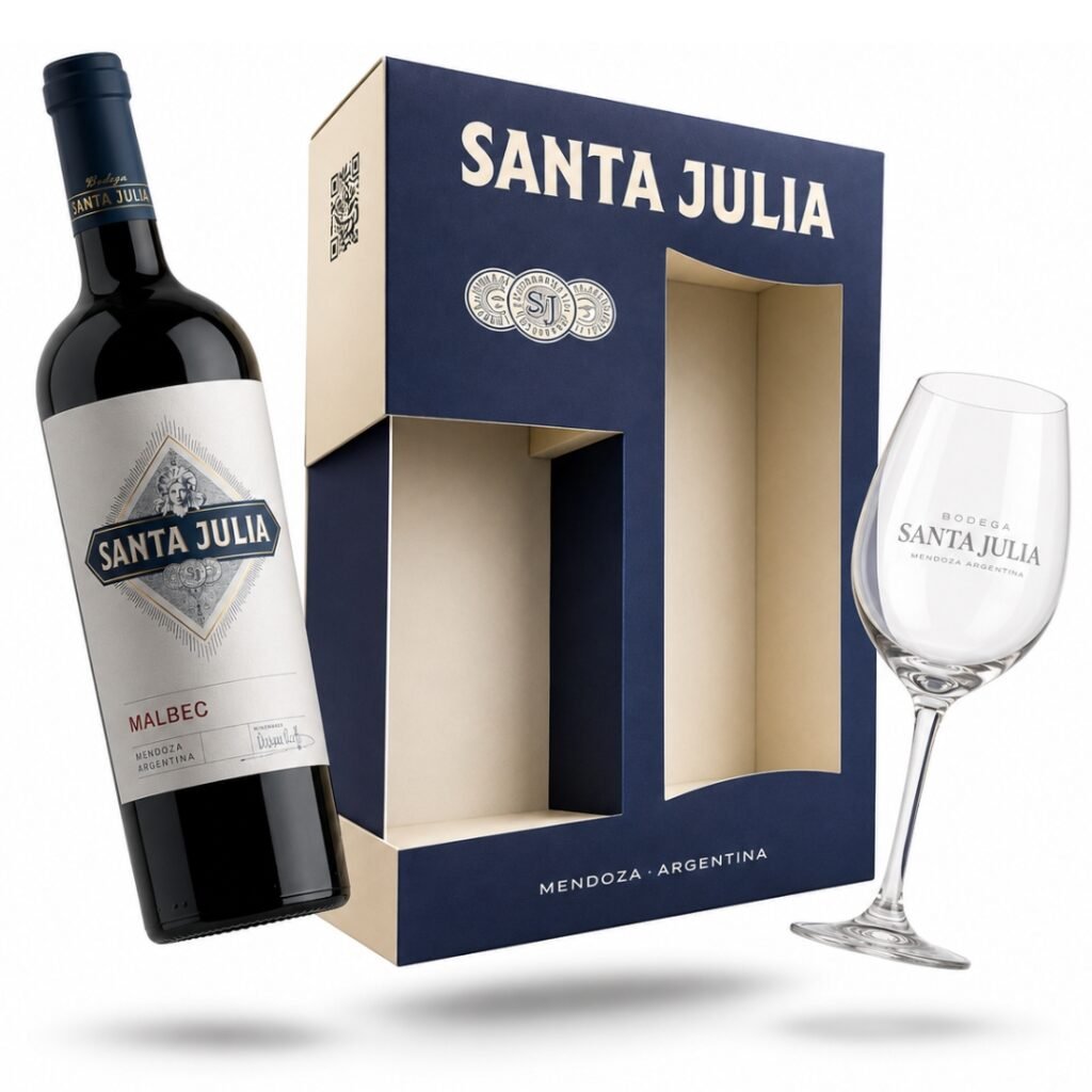 Estuche Vino Santa Julia Varietal Malbec mas Copa de Cristal