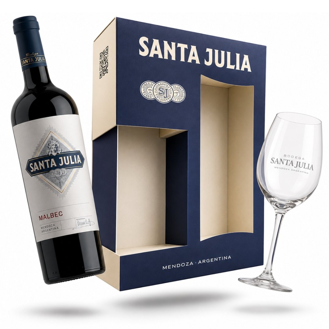 Estuche Vino Santa Julia Varietal Malbec mas Copa de Cristal