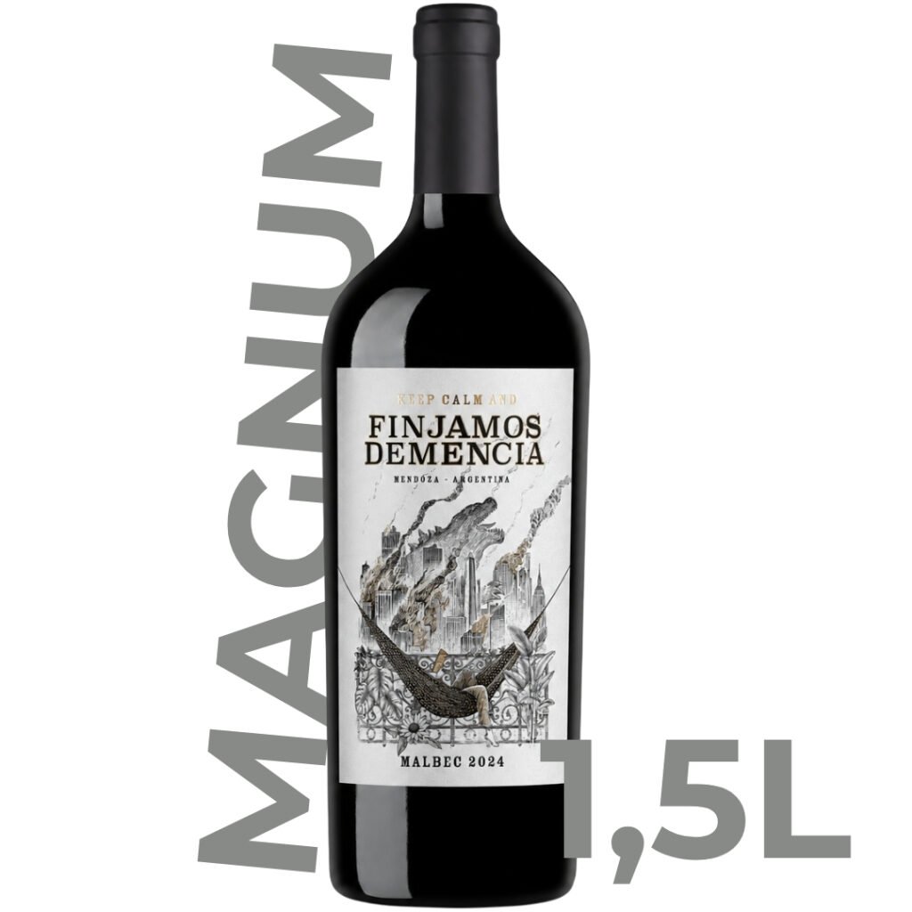 Imagen realista del Vino Finjamos Demencia Malbec Magnum 1,5L, botella de vino tinto argentino Malbec en gran formato.