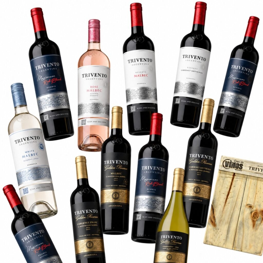 Mega Mix Trivento Premium 12 botellas con Golden Reserve, Maximum Red Blend, Reserve, White Malbec, Malbec Rosé y tabla de madera.