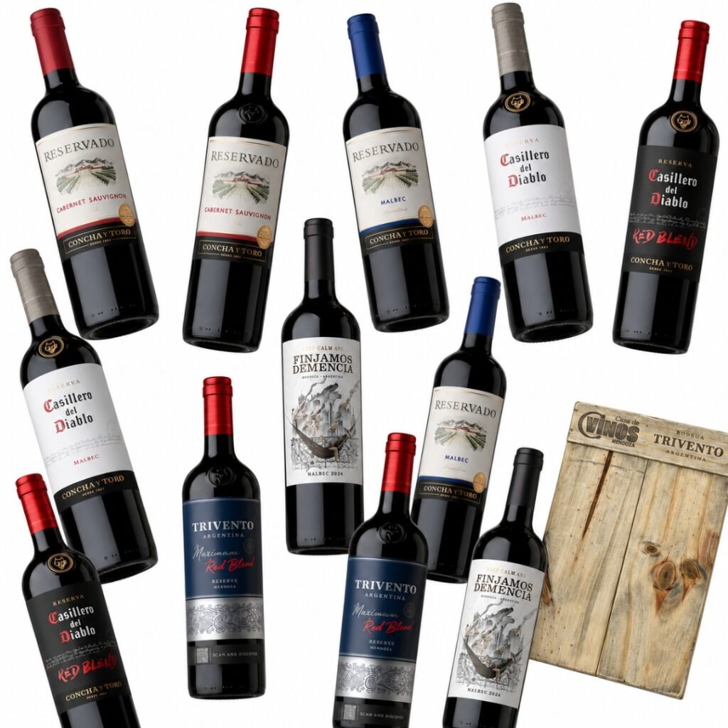Mega Mix Gama Alta 12 botellas con Maximum Red Blend, Finjamos Demencia Malbec, Casillero del Diablo y Reservado.