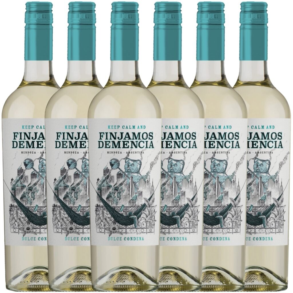 Vino Finjamos Demencia Blanco Dulce x6 unidades, caja de 6 botellas de vino blanco dulce argentino de 750ml.