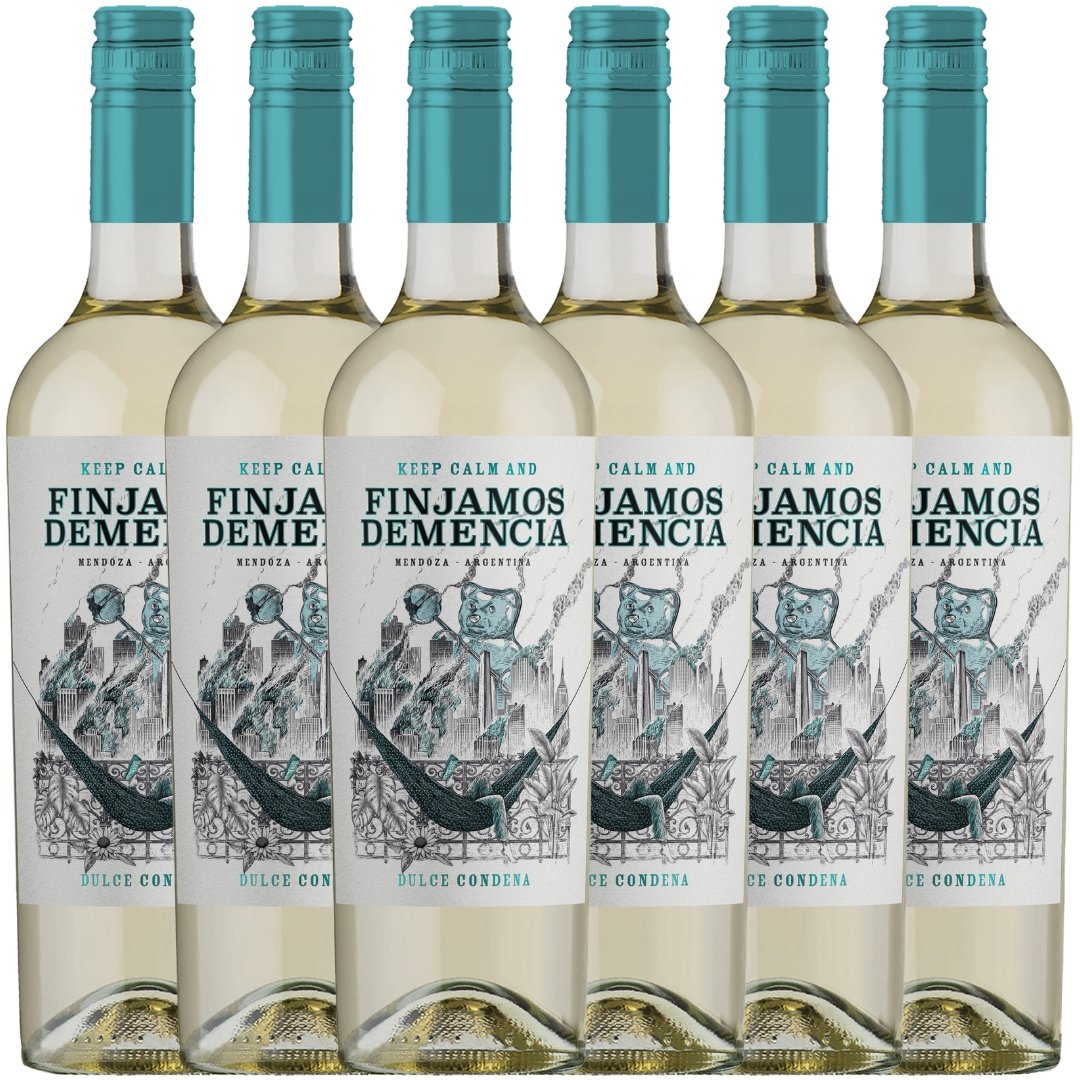 Vino Finjamos Demencia Blanco Dulce x6 unidades, caja de 6 botellas de vino blanco dulce argentino de 750ml.