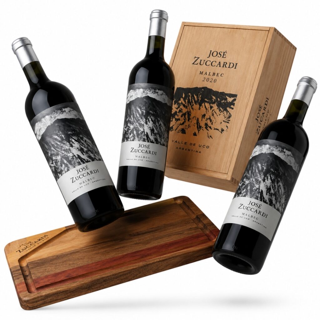 Estuche José Zuccardi Malbec x3 + Tabla de Madera
